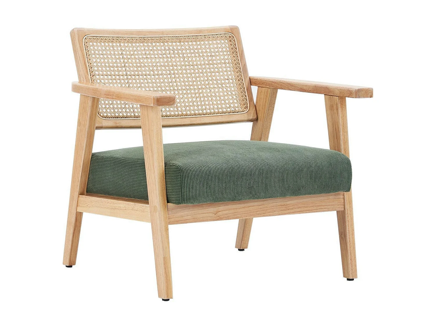 Fauteuil en velours côtelé vert et cannage naturel - Tim