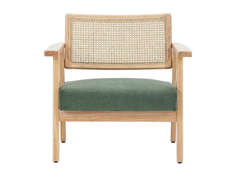 Fauteuil en velours côtelé vert et cannage naturel - Tim