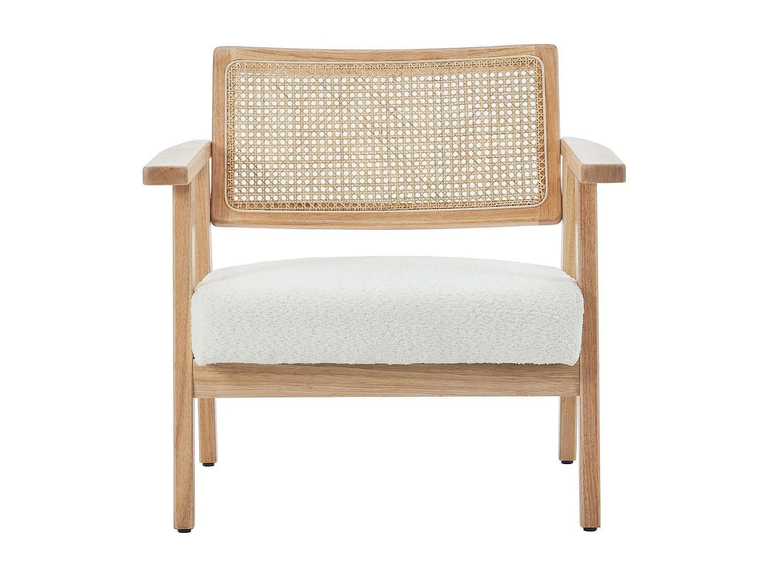 Fauteuil en tissu bouclé écru et cannage naturel - Tim