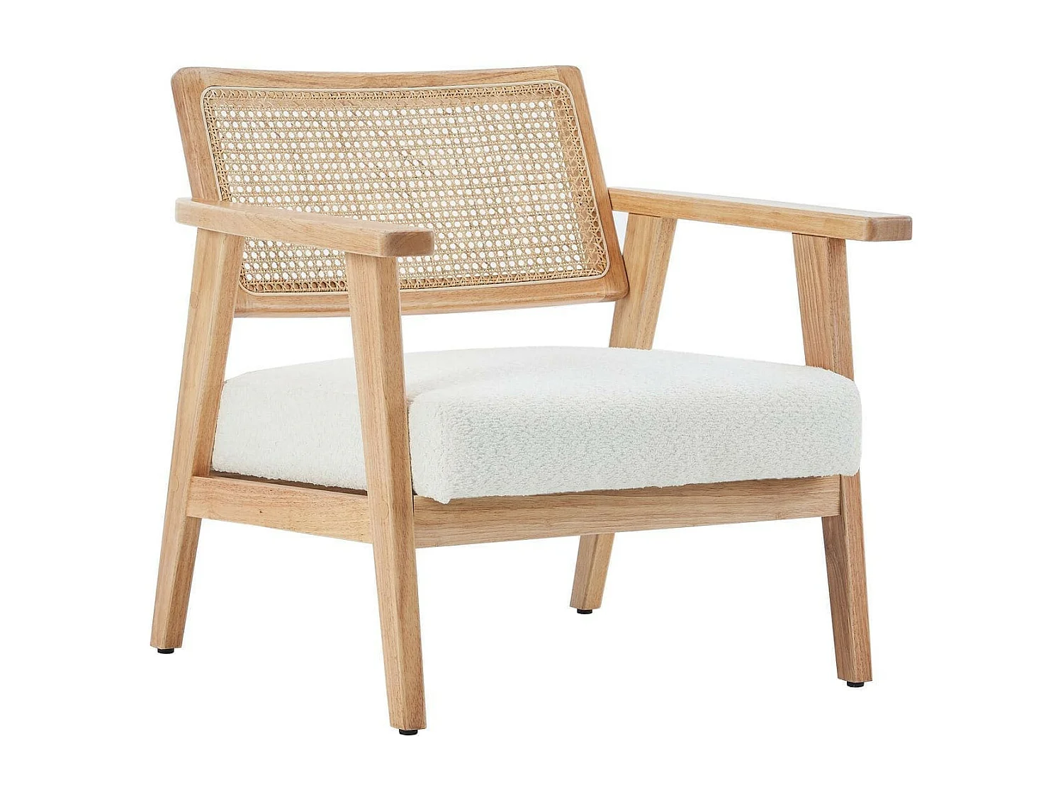 Fauteuil en tissu bouclé écru et cannage naturel - Tim