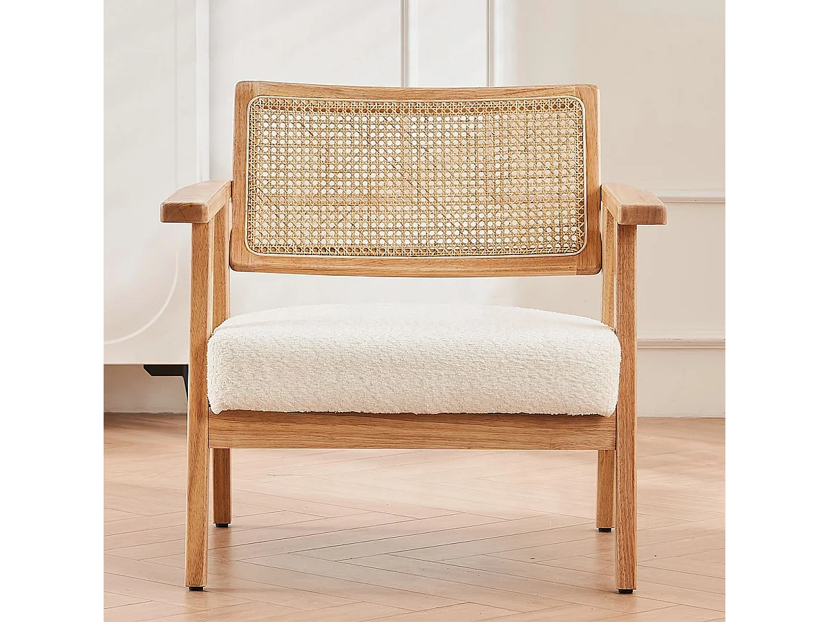 Fauteuil en tissu bouclé écru et cannage naturel - Tim