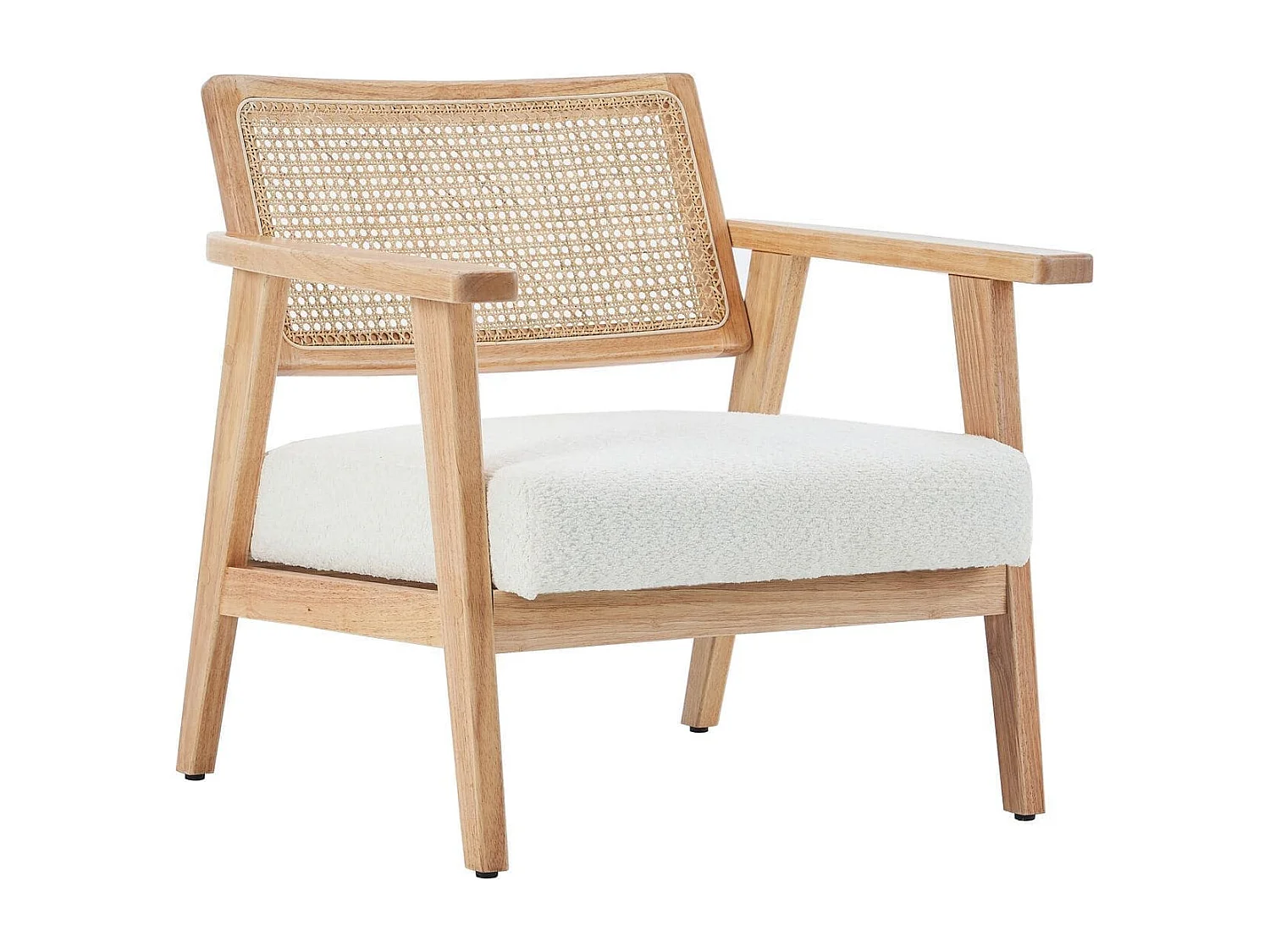 Fauteuil en tissu bouclé écru et cannage naturel - Tim