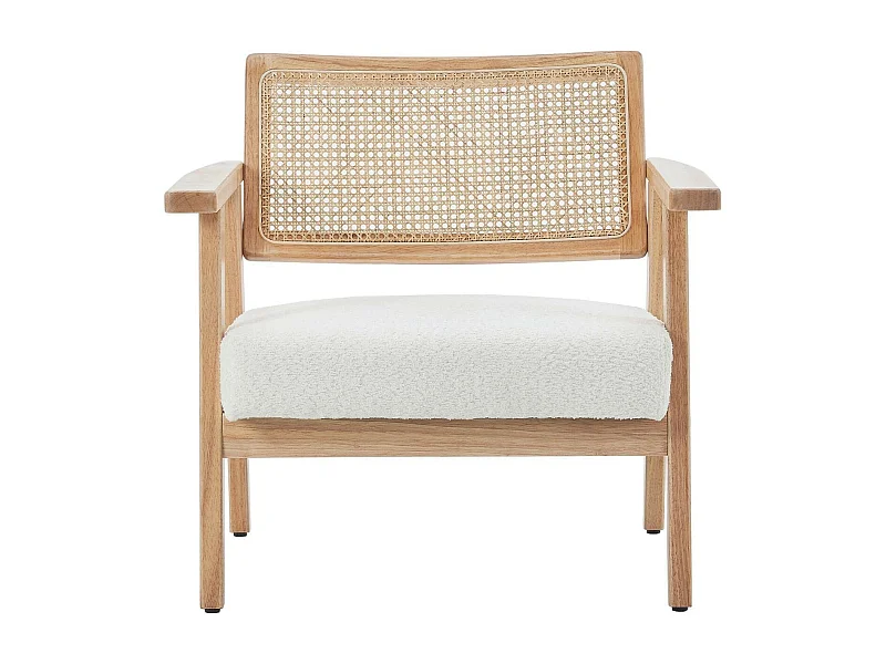 Fauteuil en tissu bouclé écru et cannage naturel - Tim