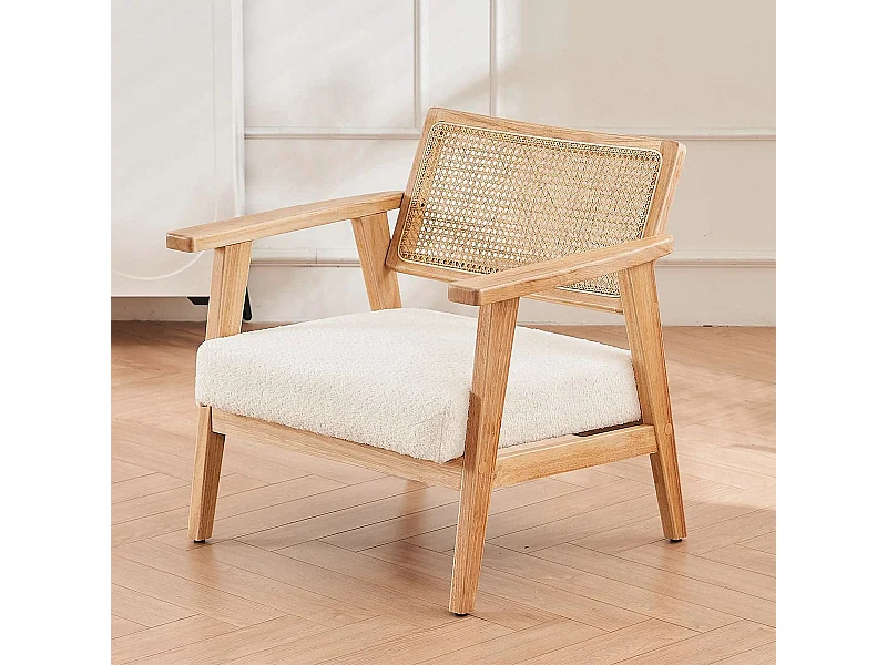 Fauteuil en tissu bouclé écru et cannage naturel - Tim