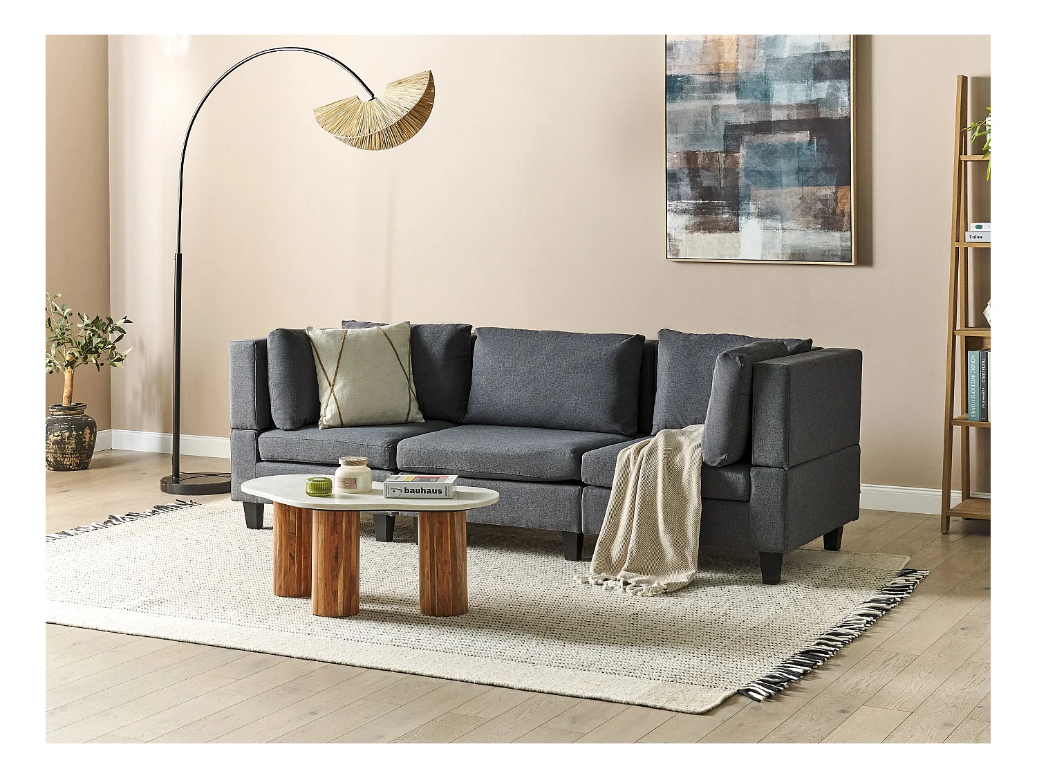 Modulsofa 3-Sitzer Stoffbezug Grau dicke Kissen schwarze Beine modern Unstad