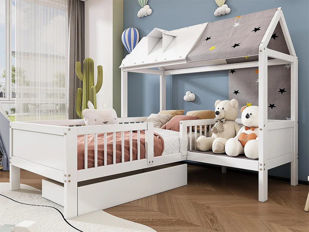 Lit simple enfant multifonctionnel en bois massif - avec un tiroir sous le lit - 90x200 cm - Blanc