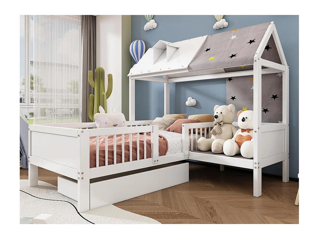 Lit simple enfant multifonctionnel en bois massif - avec un tiroir sous le lit - 90x200 cm - Blanc