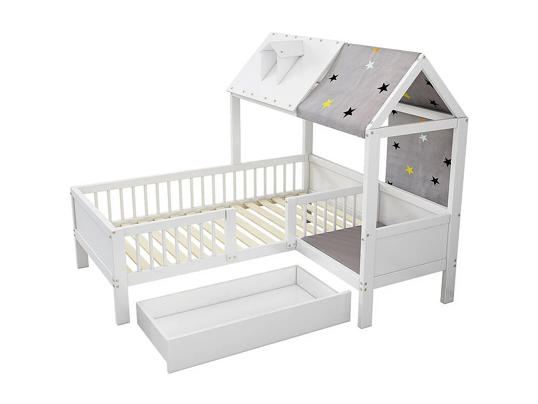 Lit simple enfant multifonctionnel en bois massif - avec un tiroir sous le lit - 90x200 cm - Blanc