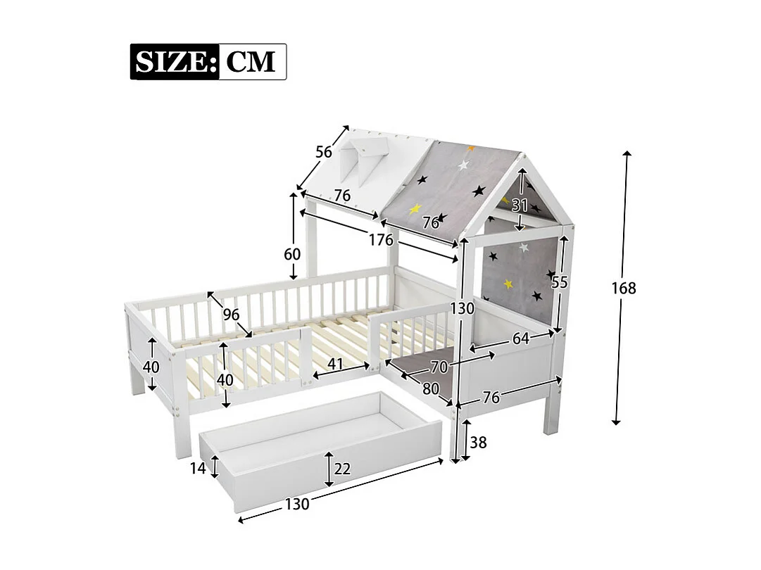 Lit simple enfant multifonctionnel en bois massif - avec un tiroir sous le lit - 90x200 cm - Blanc