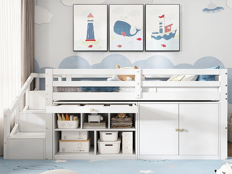 Multifunctioneel eenpersoons kinderbed in massief hout - met opbergruimte, ladder en uitschuifbare tafel - 90x200cm - Wit