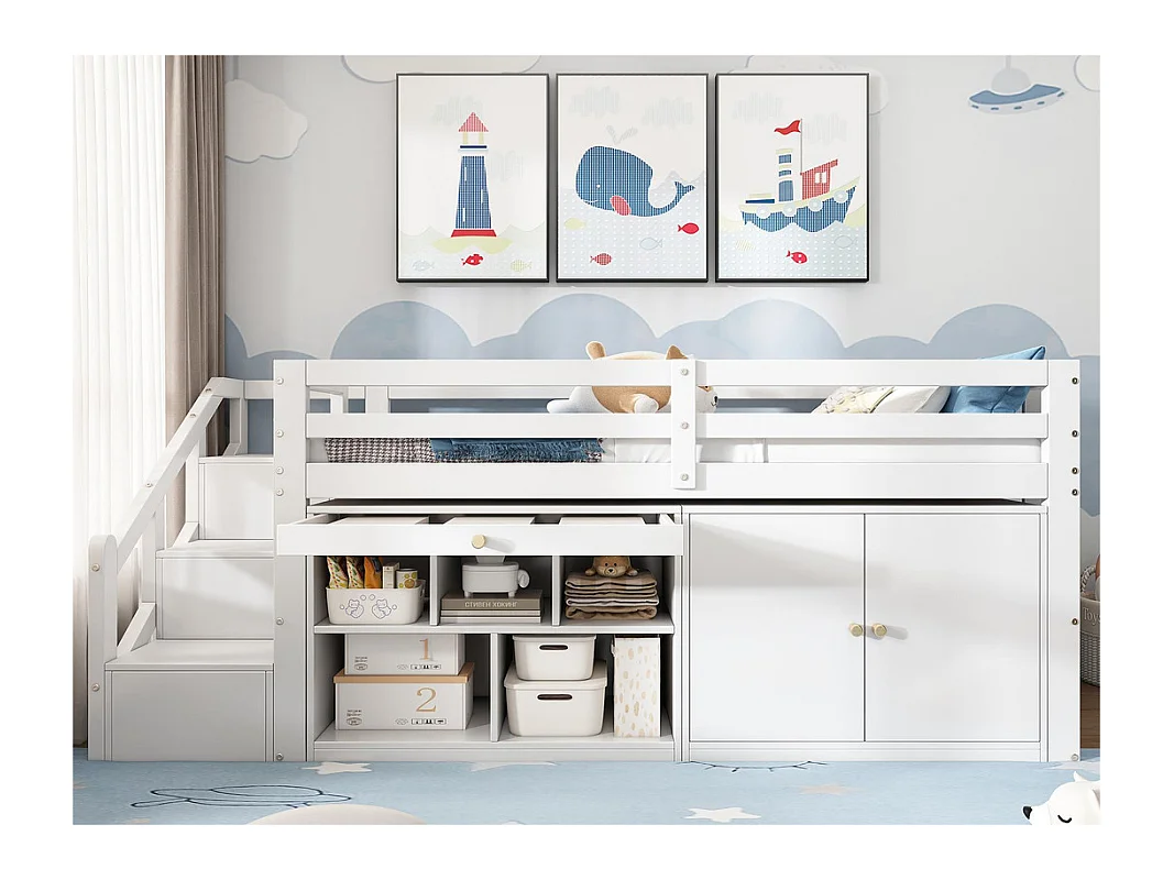 Lit simple enfant multifonctionnel en boius massif - avec espace de rangement，échelle et table gigogne - 90x00cm - Blanc