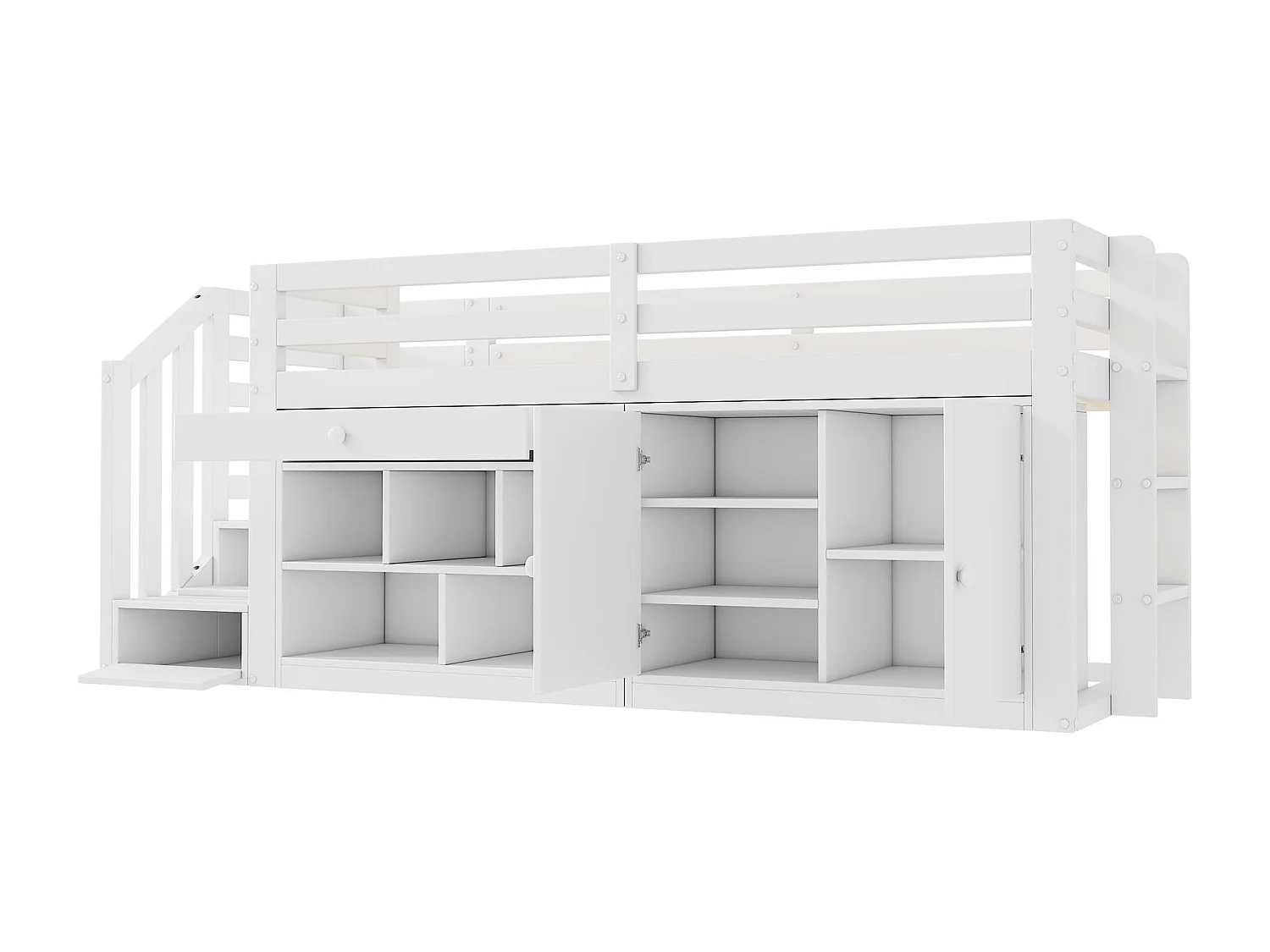 Multifunctioneel eenpersoons kinderbed in massief hout - met opbergruimte, ladder en uitschuifbare tafel - 90x200cm - Wit