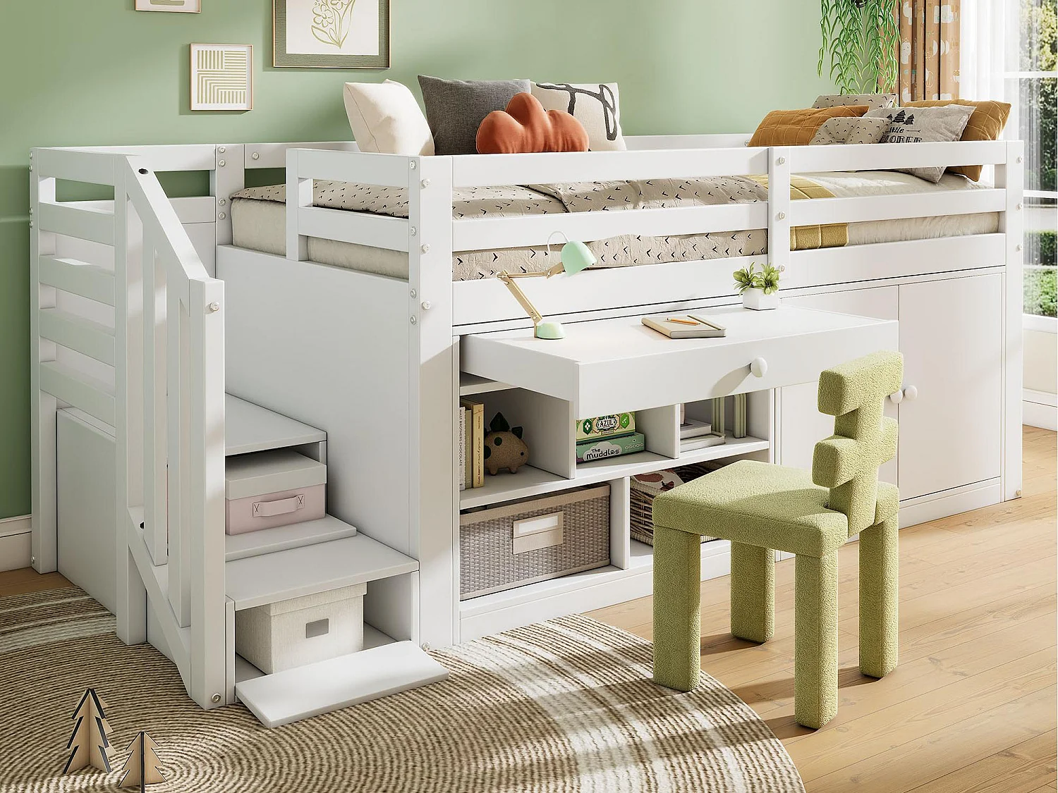 Lit simple enfant multifonctionnel en boius massif - avec espace de rangement，échelle et table gigogne - 90x200cm - Blanc