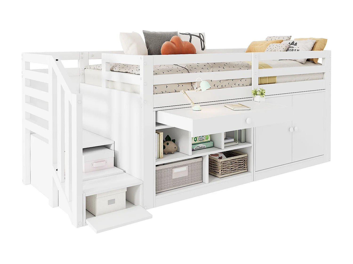 Lit simple enfant multifonctionnel en boius massif - avec espace de rangement，échelle et table gigogne - 90x200cm - Blanc