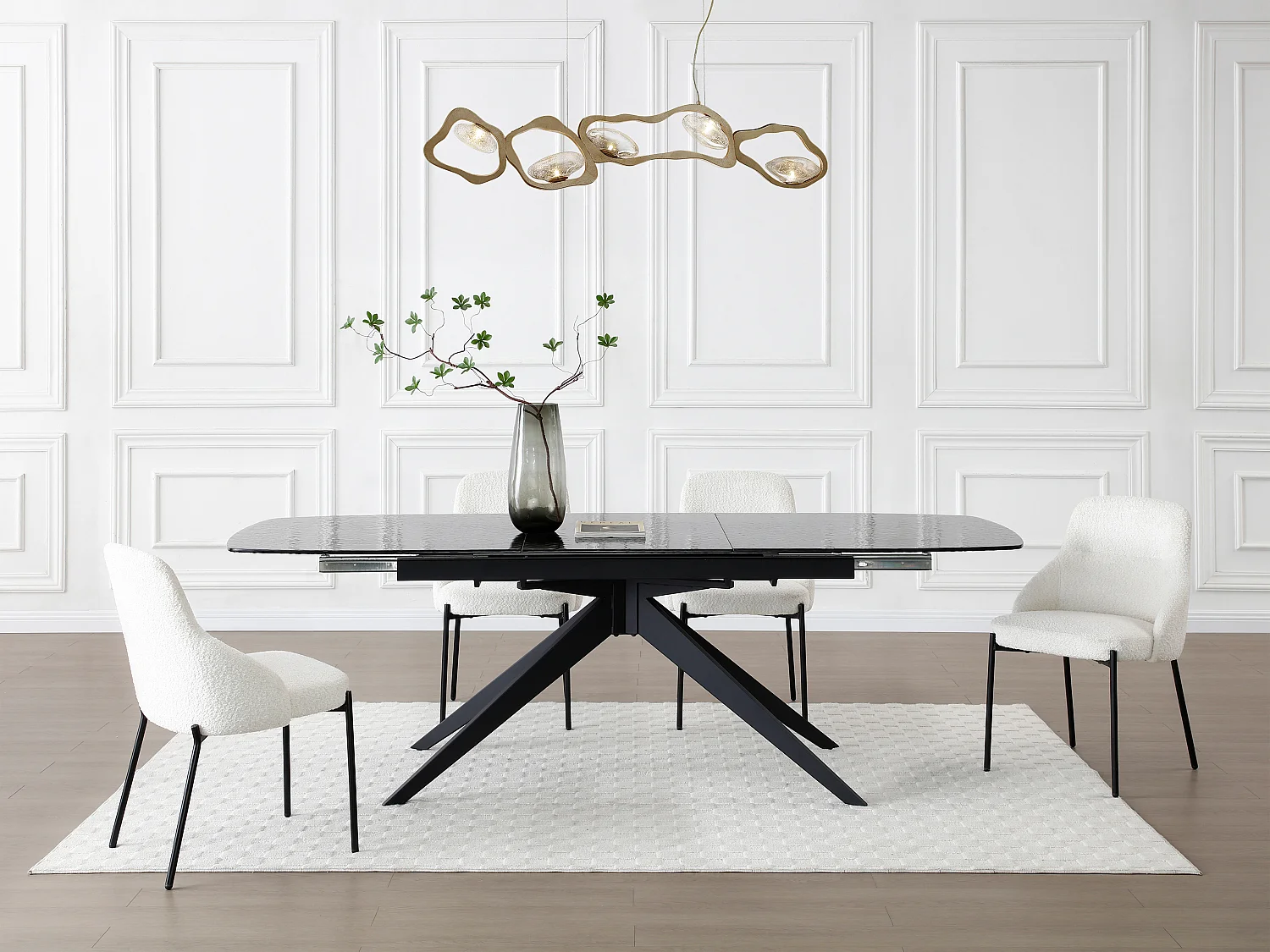 Verlengbare eettafel van 6 tot 10 plaatsen van gehard glas met structuur en metaal - Zwart - LEGRIO van Maison Céphy
