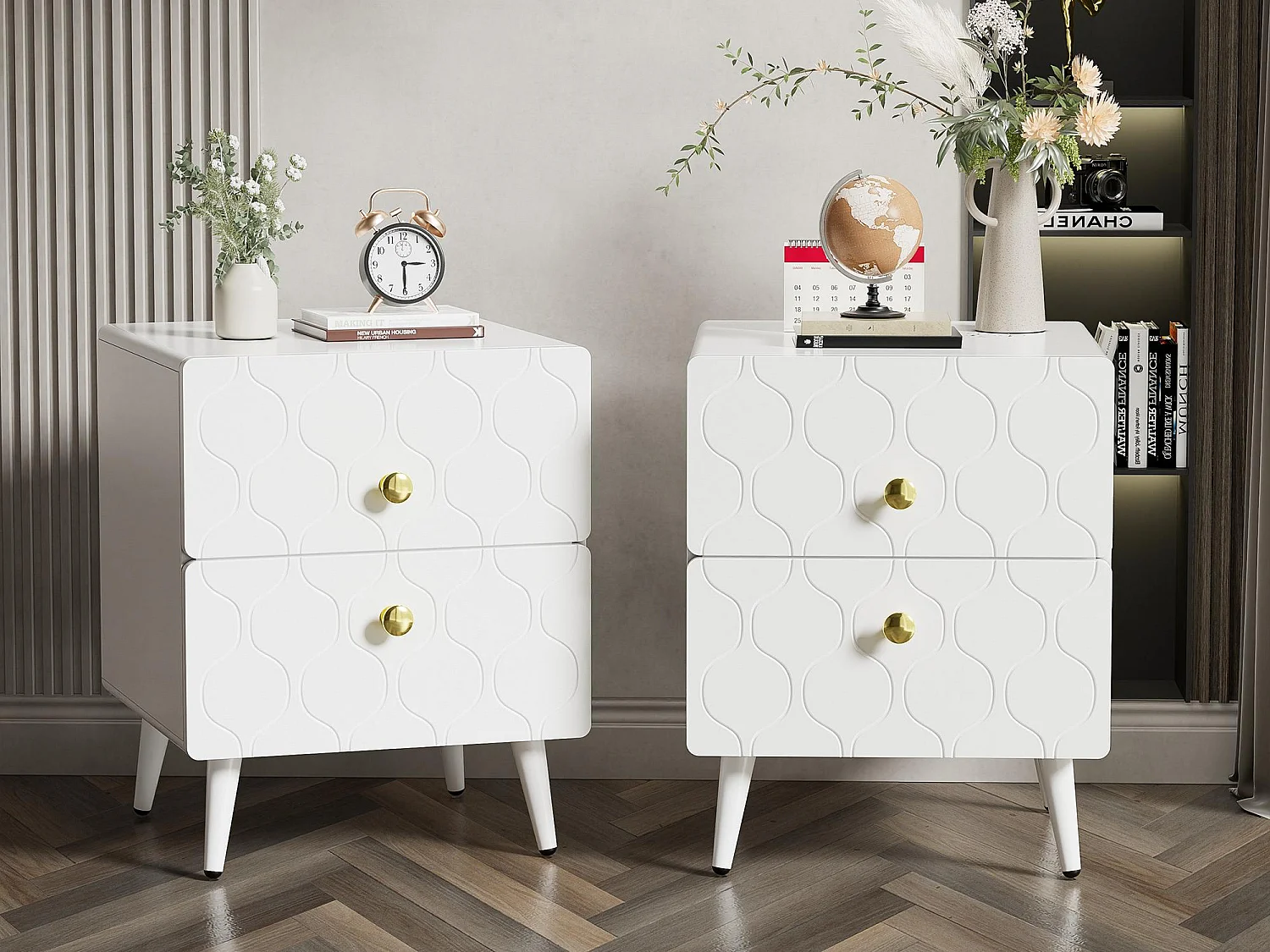 Lot de 2 Tables de chevet à motif ondulé - avec poignées dorées et 2 tiroirs - façades laquées - Blanc