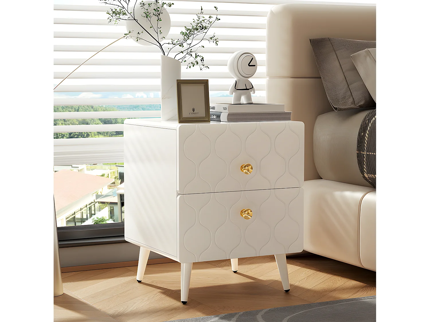 Lot de 2 Tables de chevet à motif ondulé - avec poignées dorées et 2 tiroirs - façades laquées - Blanc