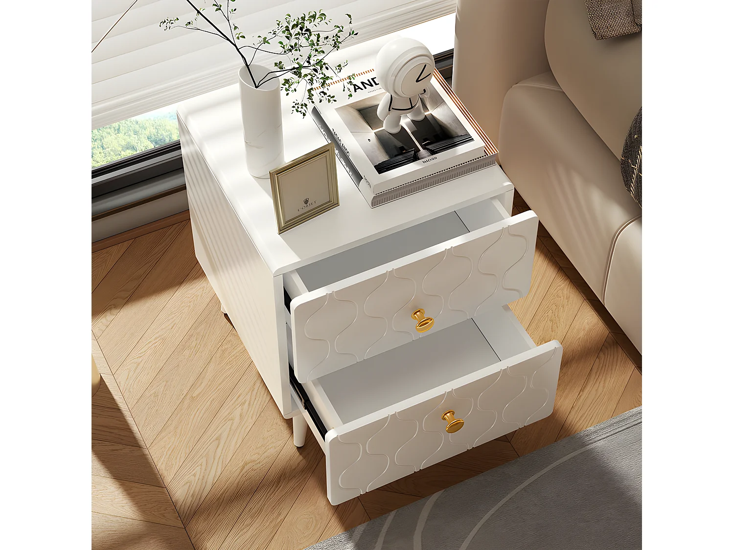 Lot de 2 Tables de chevet à motif ondulé - avec poignées dorées et 2 tiroirs - façades laquées - Blanc