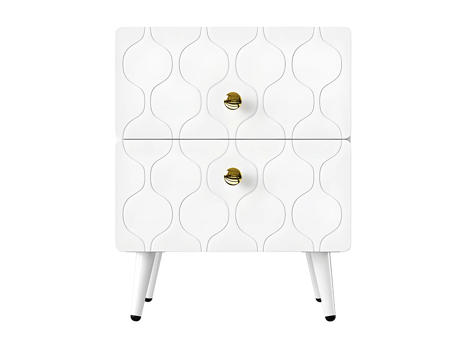 Lot de 2 Tables de chevet à motif ondulé - avec poignées dorées et 2 tiroirs - façades laquées - Blanc