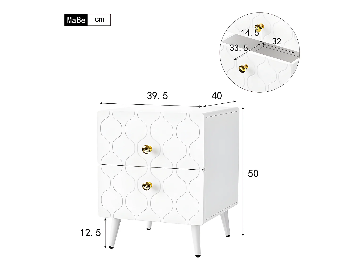 Lot de 2 Tables de chevet à motif ondulé - avec poignées dorées et 2 tiroirs - façades laquées - Blanc