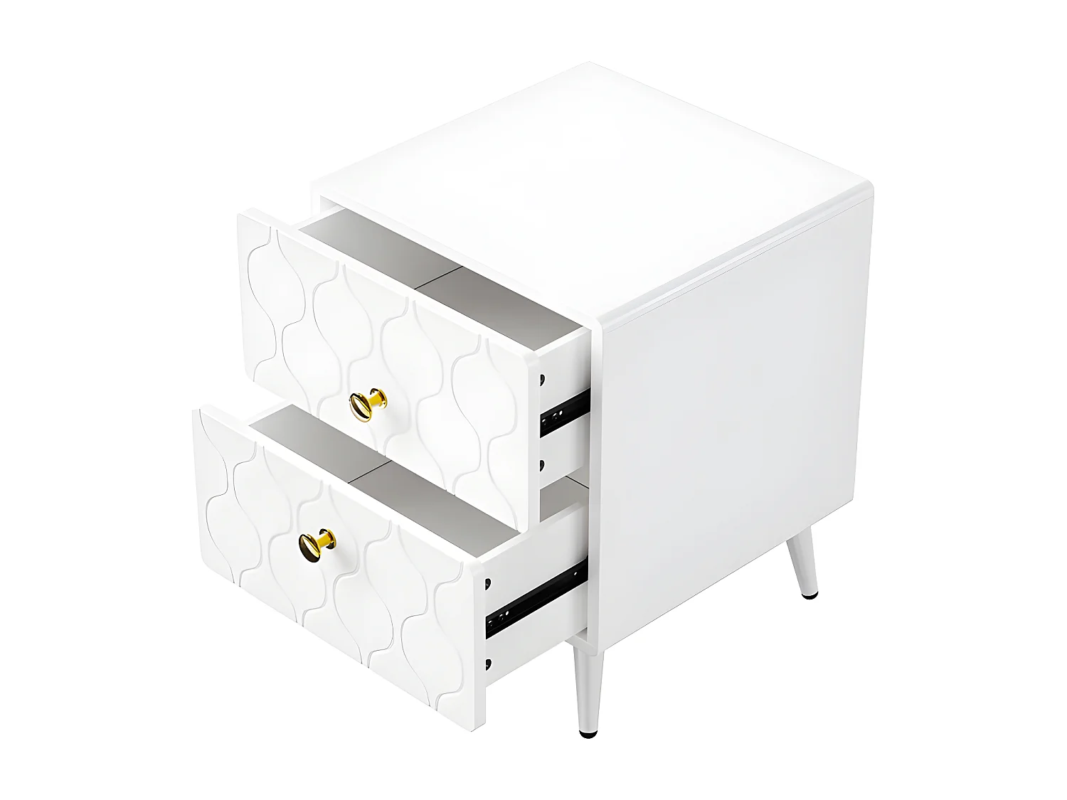 Lot de 2 Tables de chevet à motif ondulé - avec poignées dorées et 2 tiroirs - façades laquées - Blanc