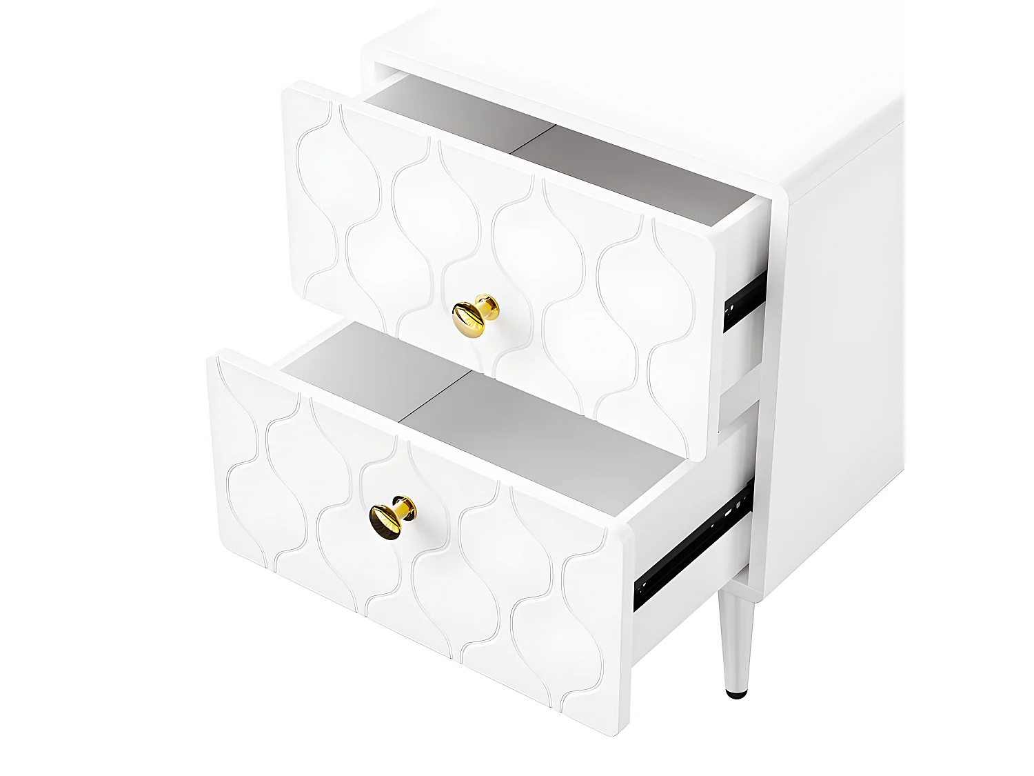 Lot de 2 Tables de chevet à motif ondulé - avec poignées dorées et 2 tiroirs - façades laquées - Blanc