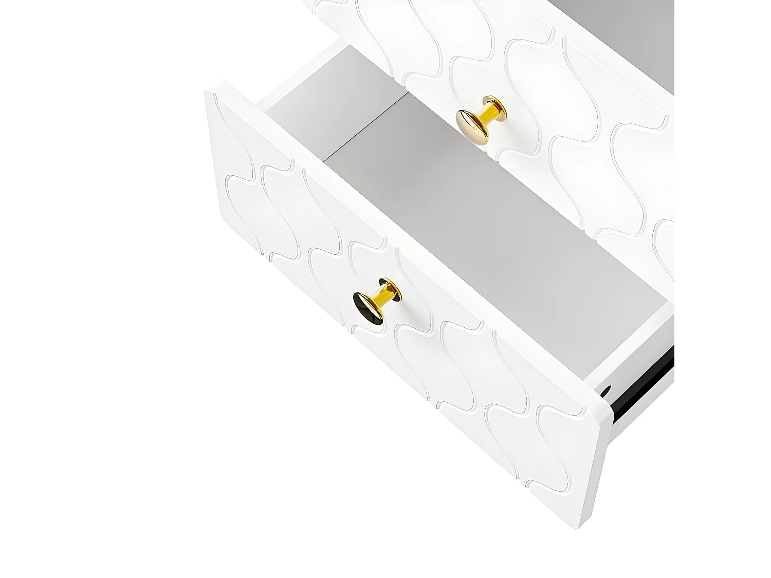 Lot de 2 Tables de chevet à motif ondulé - avec poignées dorées et 2 tiroirs - façades laquées - Blanc