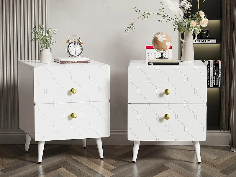 Lot de 2 Tables de chevet à motif ondulé - avec poignées dorées et 2 tiroirs - façades laquées - Blanc