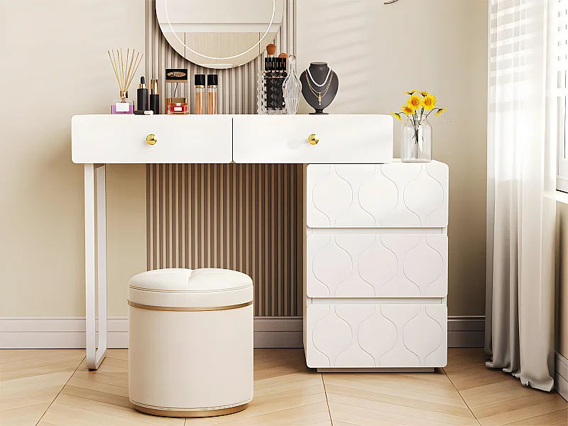 Coiffeuse extensible à motif ondulé - avec 5 tiroirs - façades laquées - Blanc(sans miroir ni tabouret)