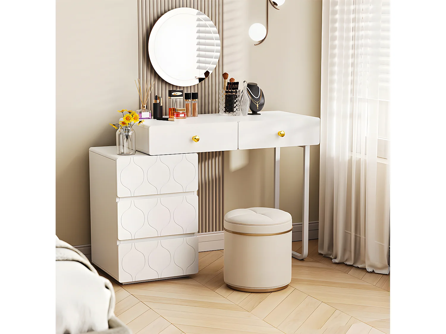 Ausziehbarer Schminktisch mit Wellenmuster – mit 5 Schubladen – lackierte Fronten – Weiß (ohne Spiegel oder Hocker)