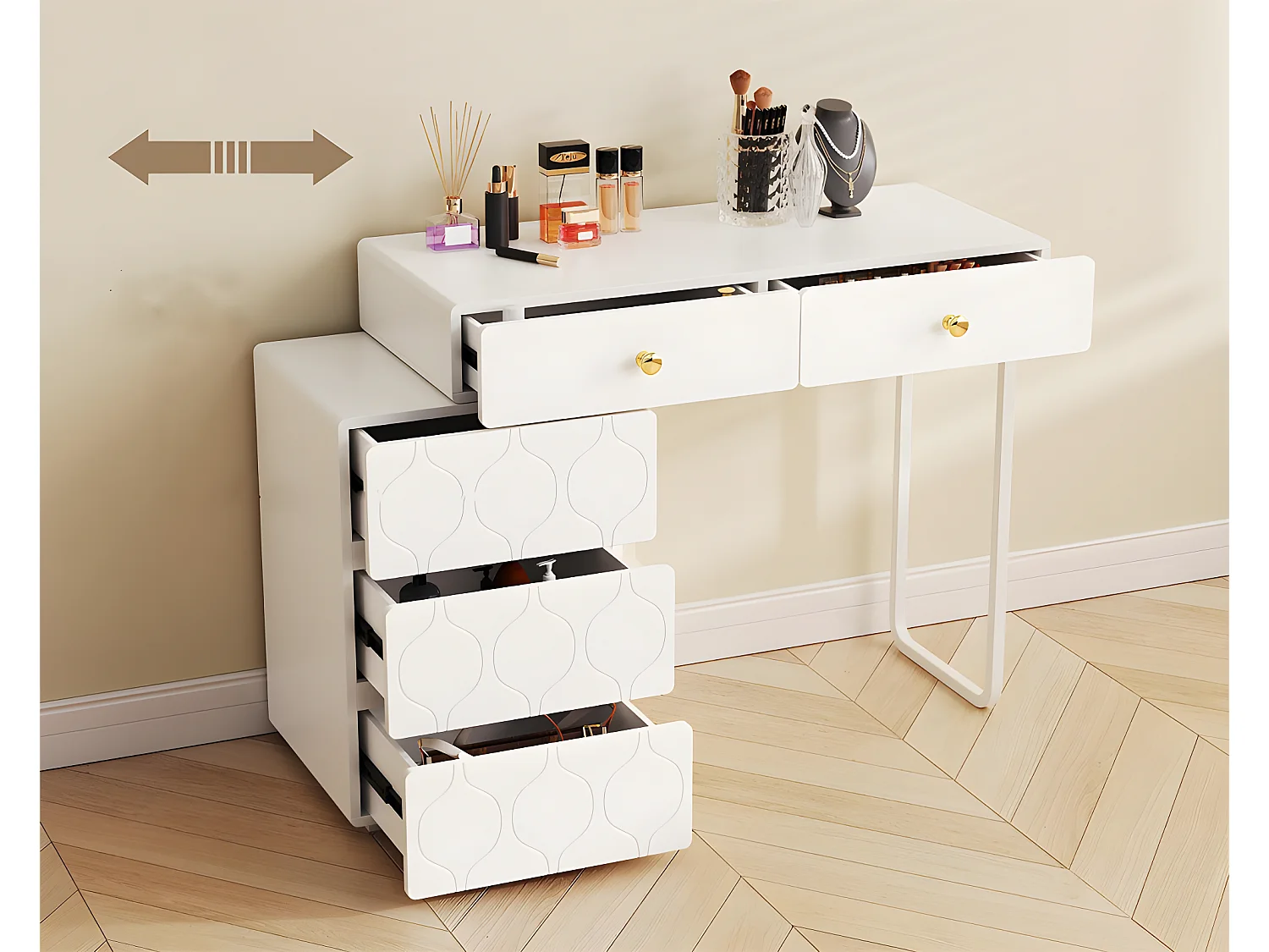 Ausziehbarer Schminktisch mit Wellenmuster – mit 5 Schubladen – lackierte Fronten – Weiß (ohne Spiegel oder Hocker)