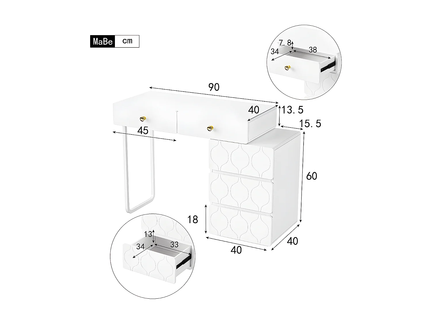 Ausziehbarer Schminktisch mit Wellenmuster – mit 5 Schubladen – lackierte Fronten – Weiß (ohne Spiegel oder Hocker)