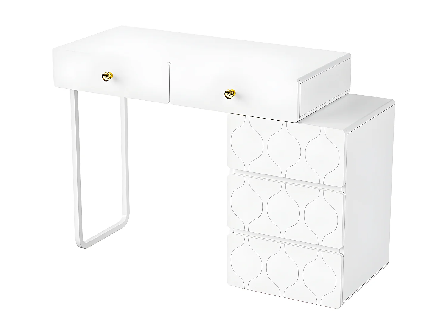 Ausziehbarer Schminktisch mit Wellenmuster – mit 5 Schubladen – lackierte Fronten – Weiß (ohne Spiegel oder Hocker)