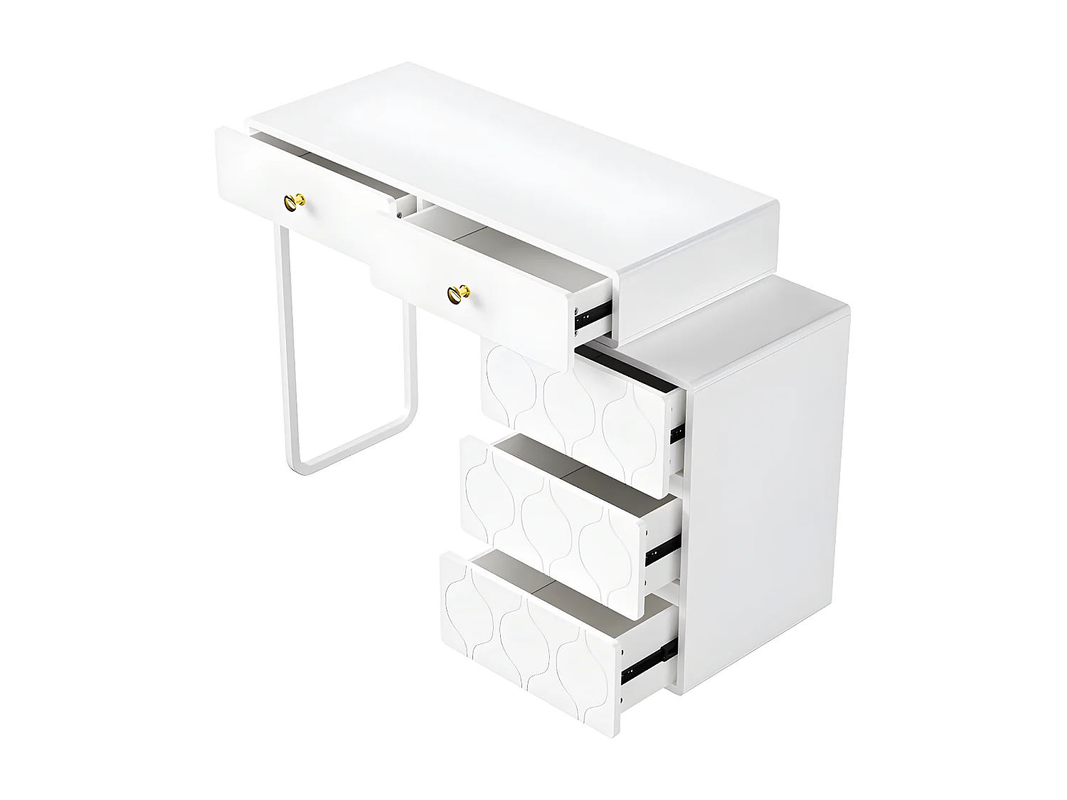 Ausziehbarer Schminktisch mit Wellenmuster – mit 5 Schubladen – lackierte Fronten – Weiß (ohne Spiegel oder Hocker)