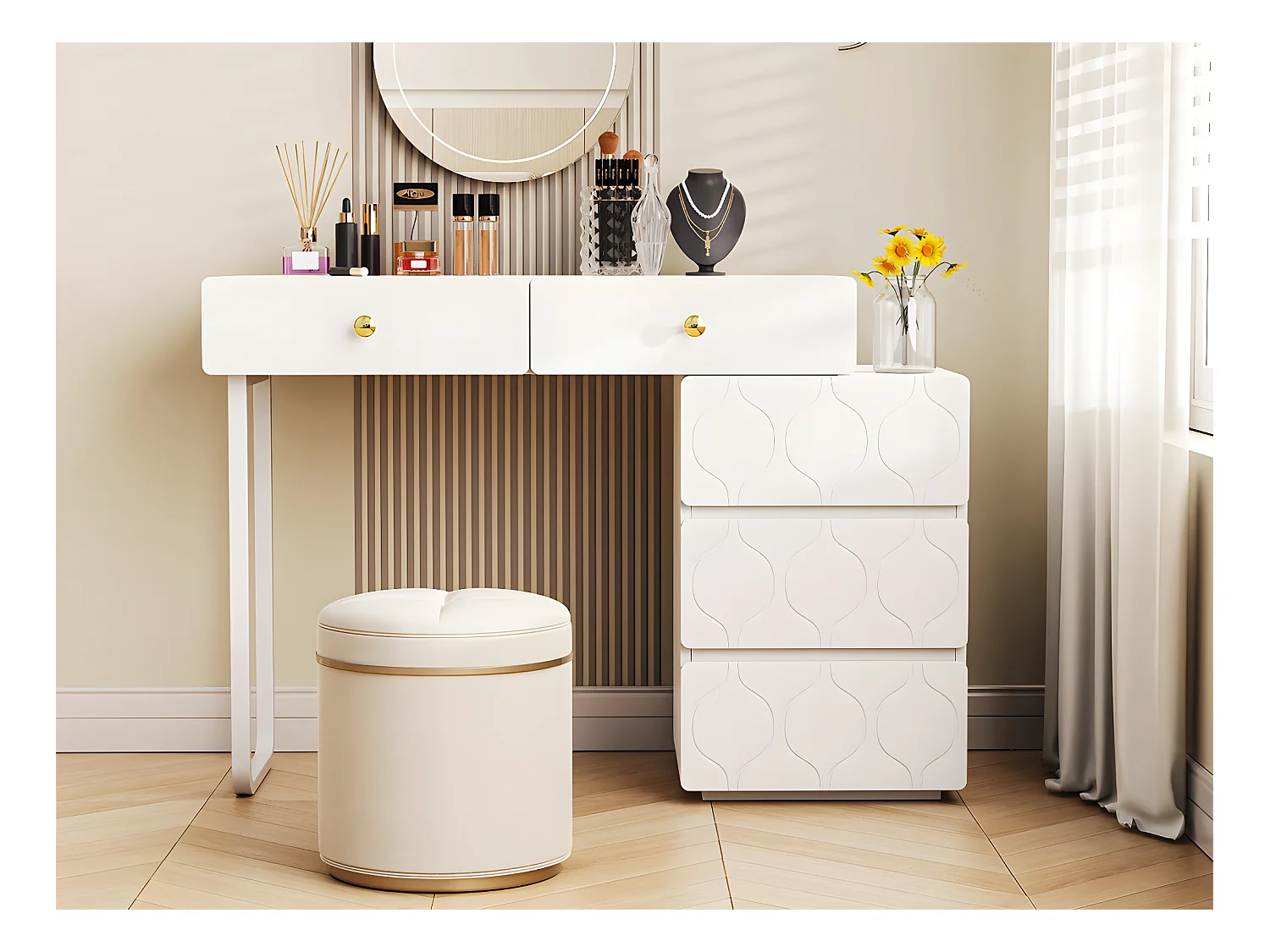 Coiffeuse extensible à motif ondulé - avec 5 tiroirs - façades laquées - Blanc(sans miroir ni tabouret)