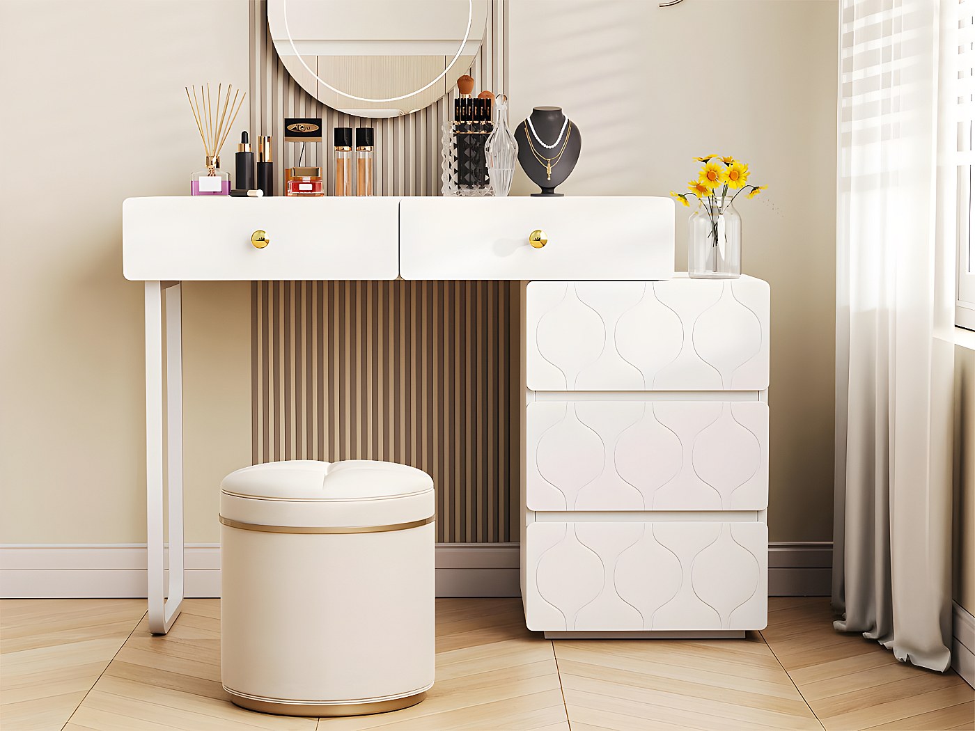 CLIPOP Toeletta Con Specchio E Sgabello - Bianco Lucido, Mobiletto Trucco Con Cassetto E Ripiani