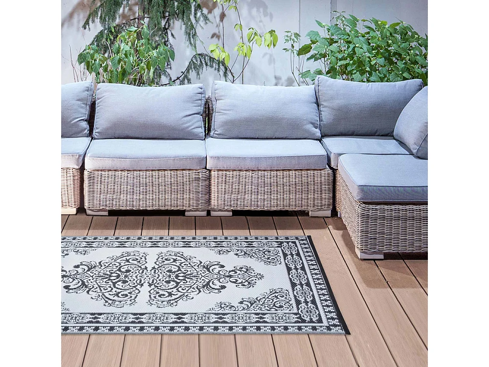 Tapis d'extérieur rectangulaire réversible motif Perse noir/blanc - 186 x 119 cm