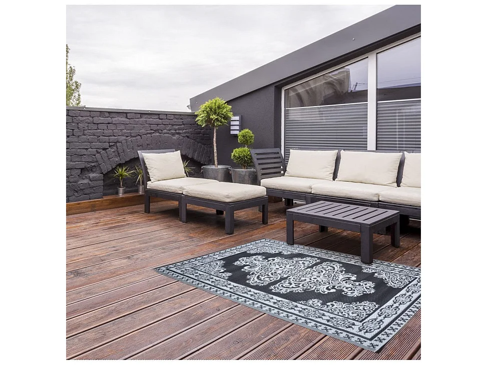 Tapis d'extérieur rectangulaire réversible motif Perse noir/blanc - 186 x 119 cm