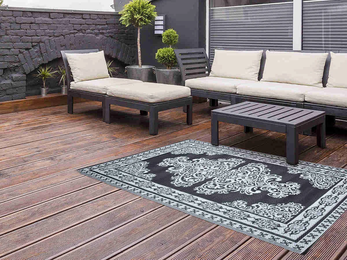 Tapis d'extérieur rectangulaire réversible motif Perse noir/blanc - 186 x 119 cm - Esschert Design