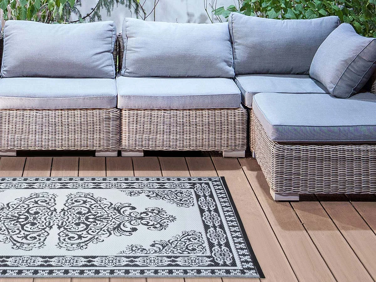 Tapis d'extérieur rectangulaire réversible motif Perse noir/blanc - 186 x 119 cm - Esschert Design