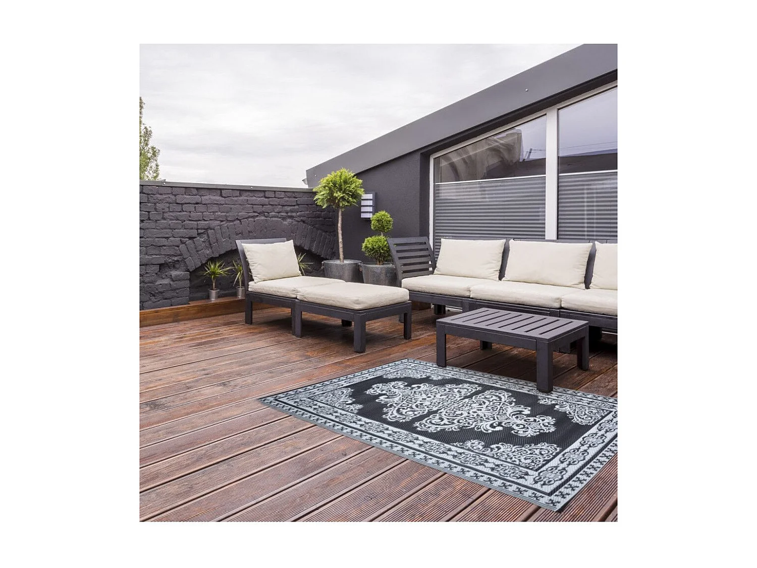 Tapis d'extérieur rectangulaire réversible motif Perse noir/blanc - 186 x 119 cm - Esschert Design