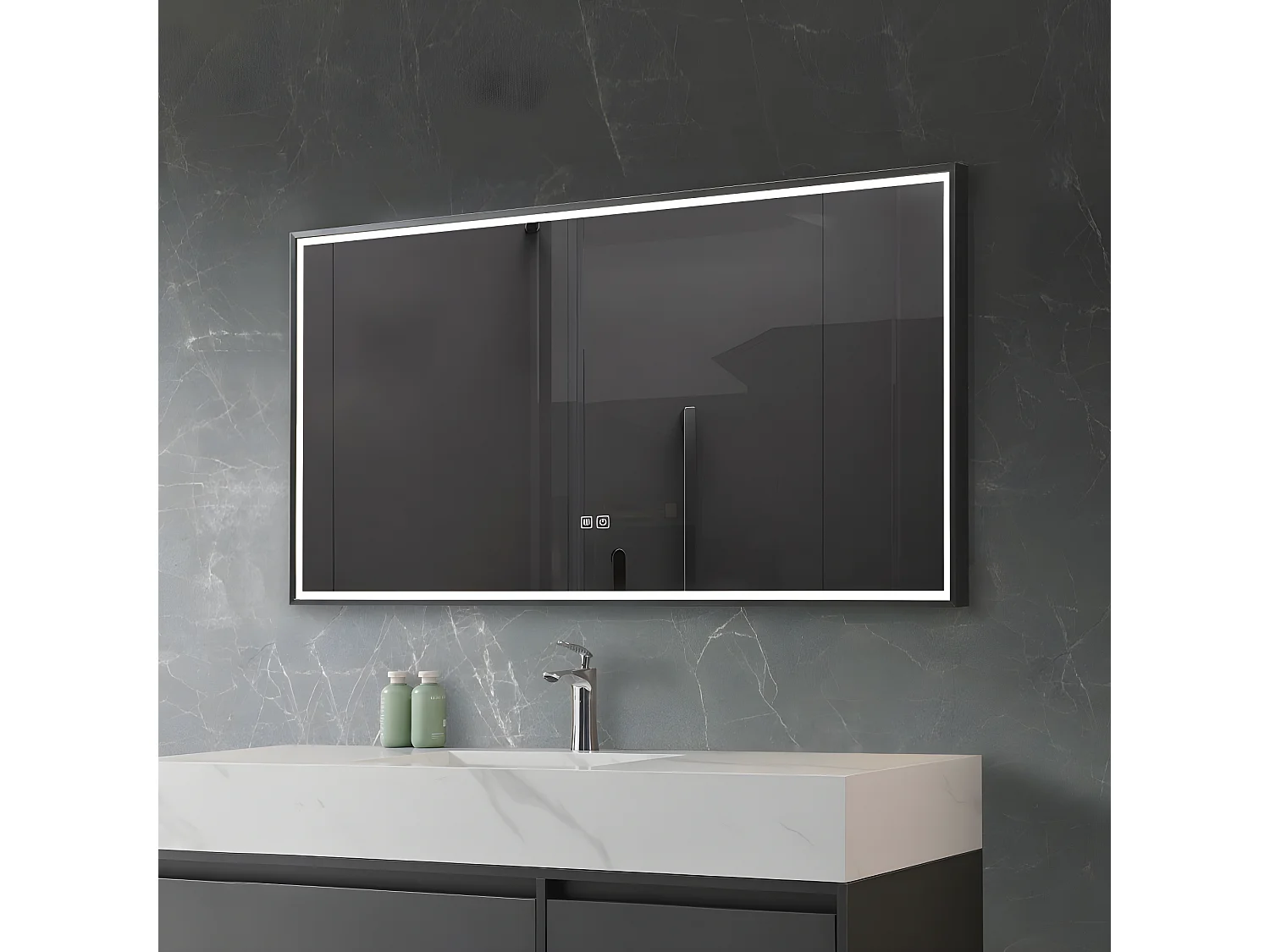 LuxuryBain- Miroir de salle de bain LED anti buée avec cadre en aliminium noir - 90x60cm LB-126080