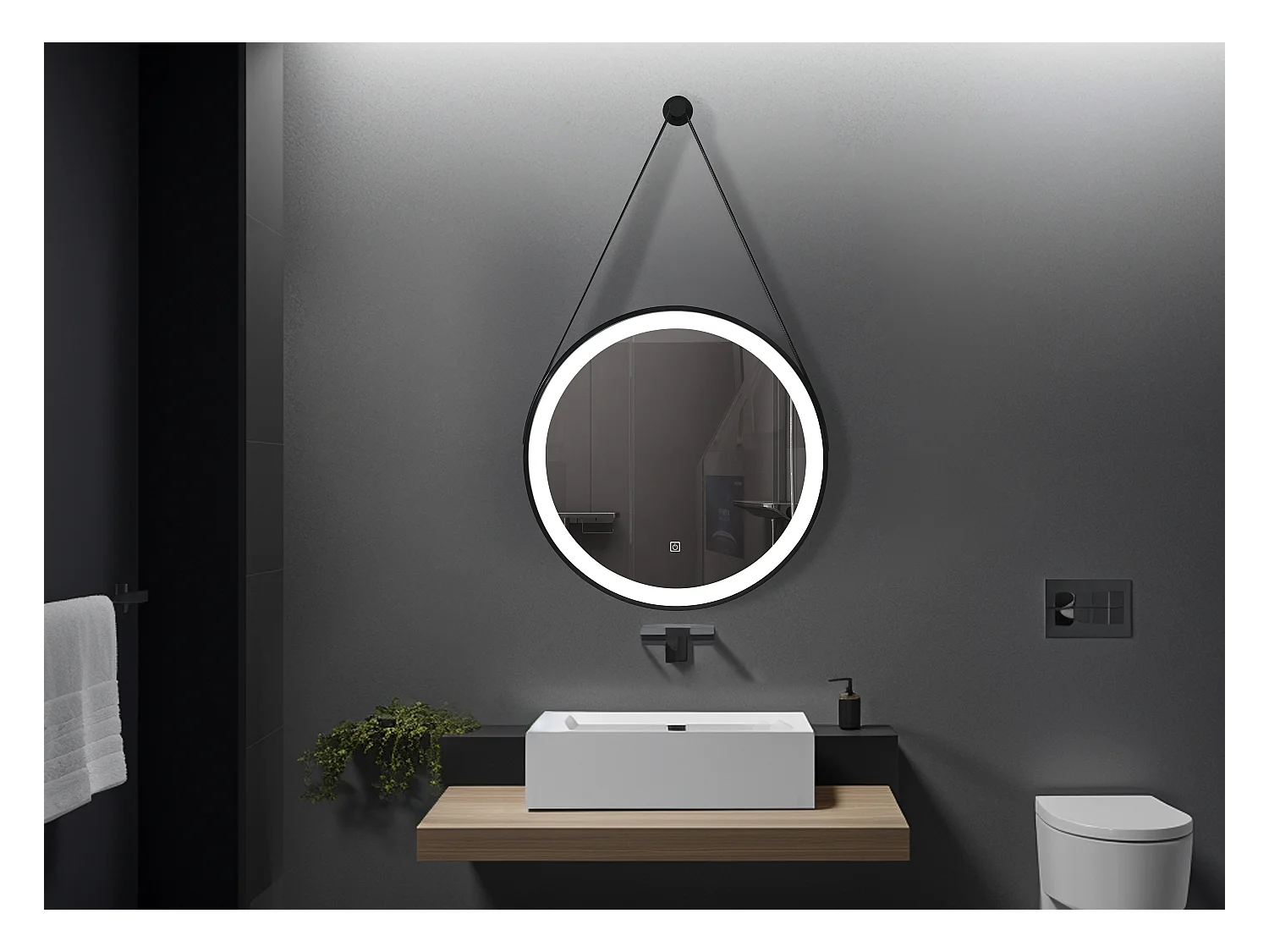 LuxuryBain- Miroir de salle de bain LED 60x60cm rond à luminosité variable suspendu noir- LB-356060B-60-60