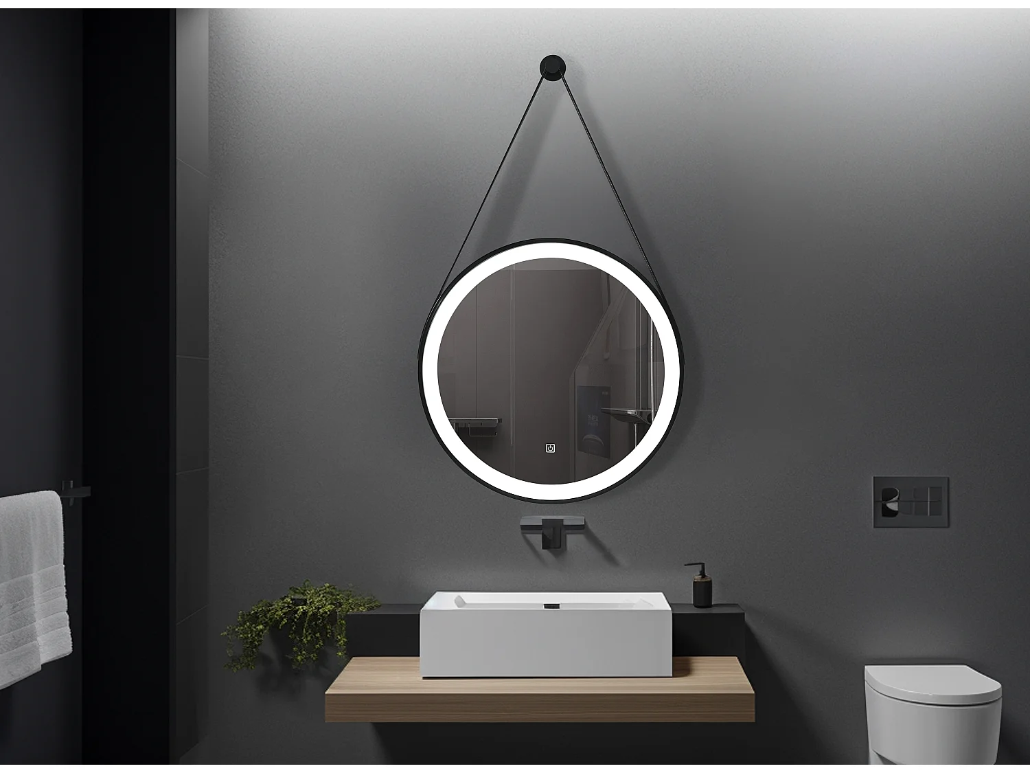 LuxuryBain- Miroir de salle de bain LED 80x80cm rond à luminosité variable suspendu noir LB-356060B-80-80