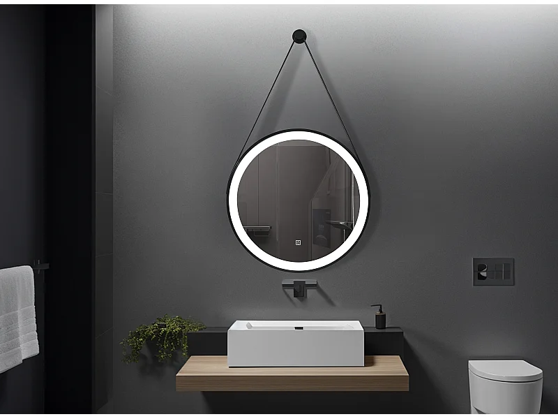 LuxuryBain- Miroir de salle de bain LED 80x80cm rond à luminosité variable suspendu noir LB-356060B-80-80