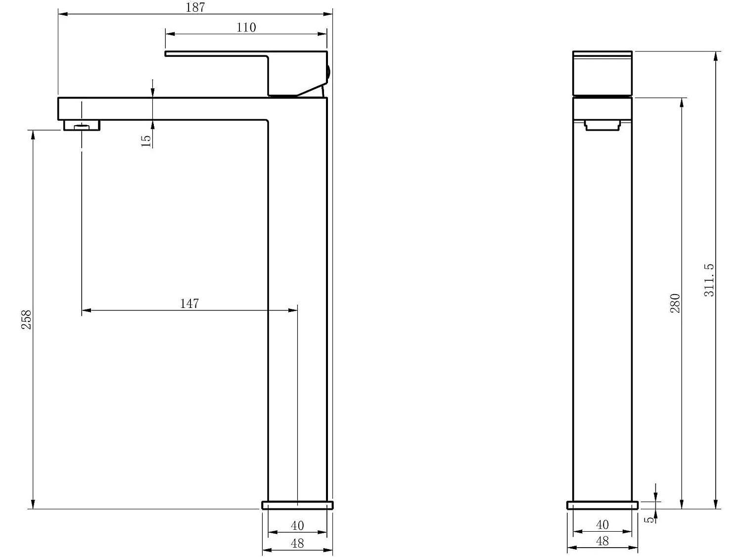 LuxuryBain- Grand mitigeur, robinet de lavabo pour salle de bain réhaussé carré (Noir)