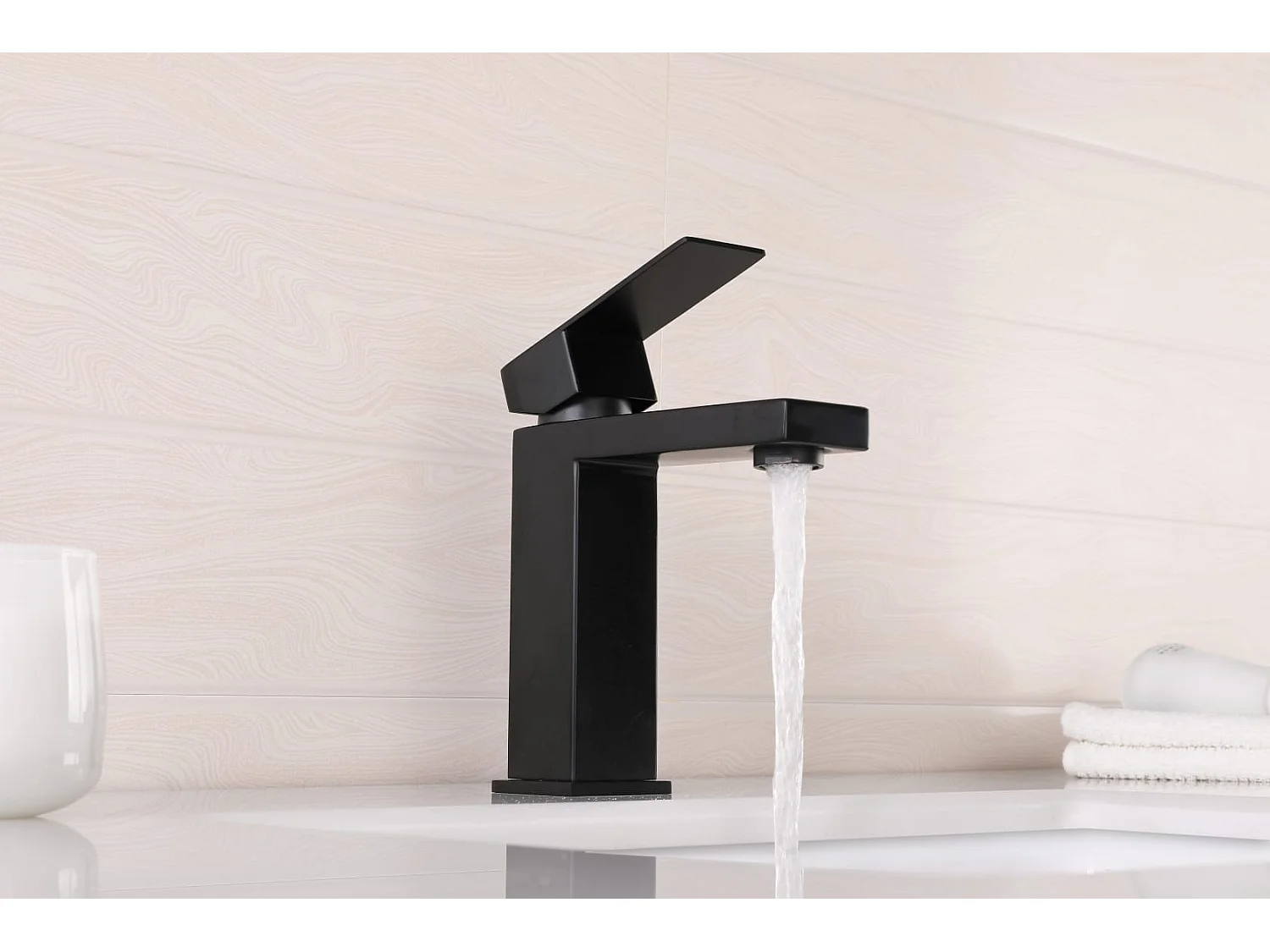 LuxuryBain- Robinet, mitigeur de lavabo pour salle de bain carré (Noir)