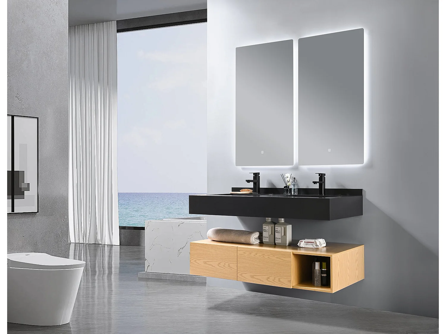 LuxuryBain- Meuble de salle de bain double vasque 150cm bois et noir avec miroir LED à luminosité variable LB-8470-150