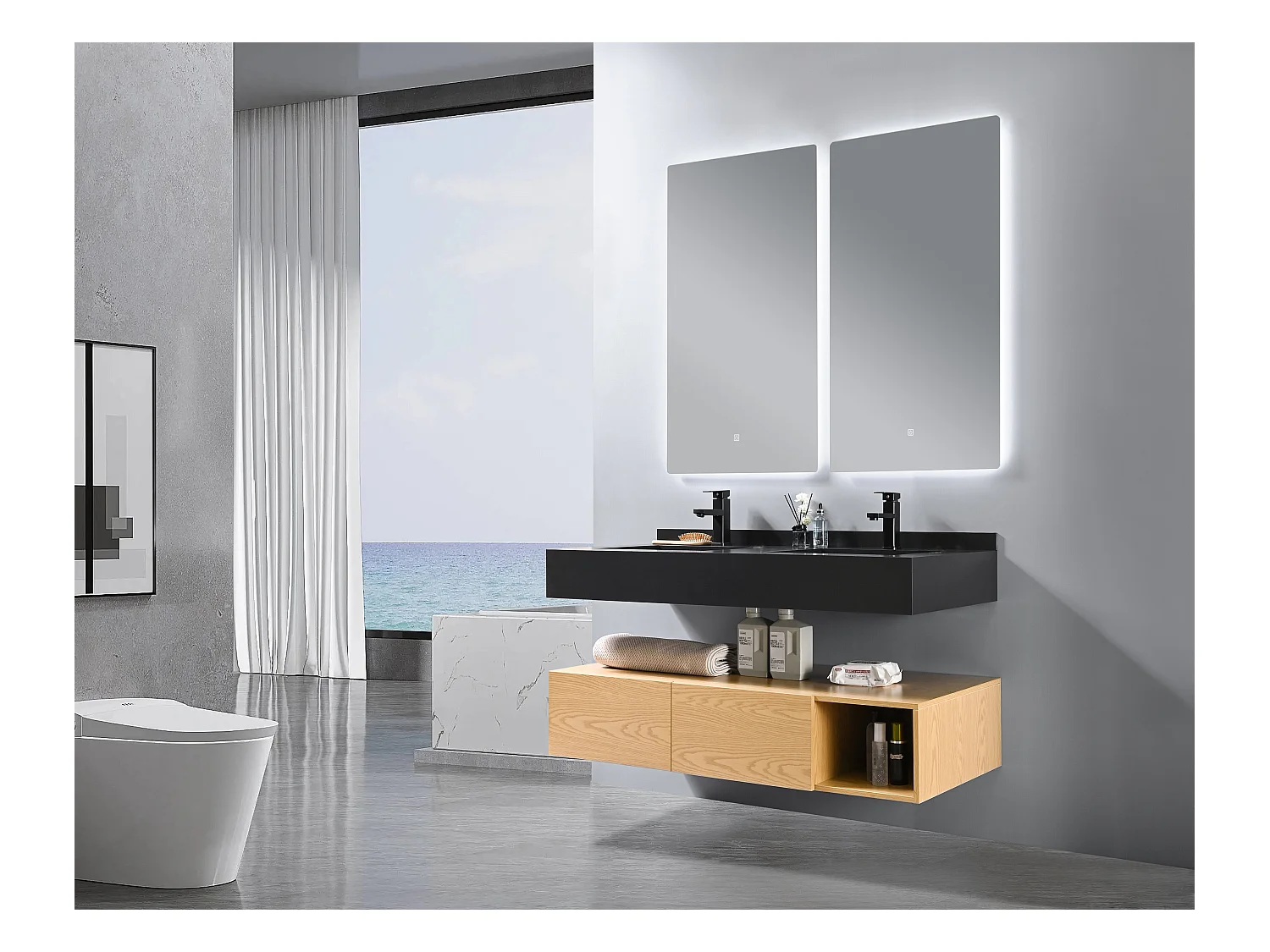 LuxuryBain- Meuble de salle de bain double vasque 150cm bois et noir avec miroir LED à luminosité variable LB-8470-150