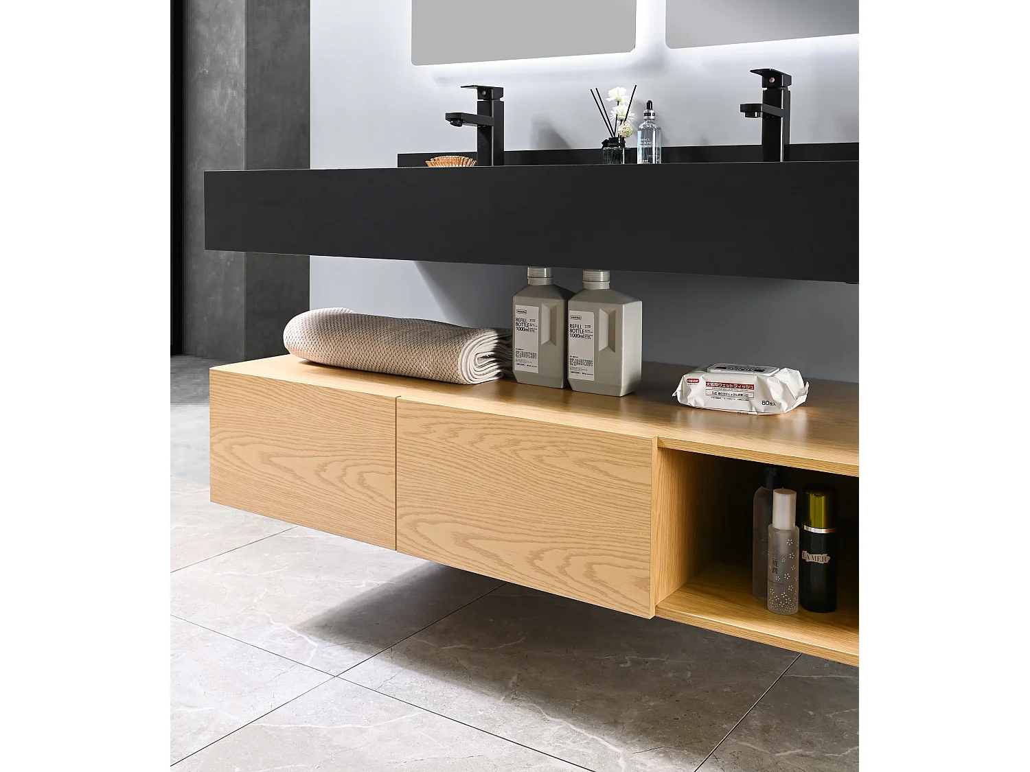 LuxuryBain- Meuble de salle de bain double vasque 150cm bois et noir avec miroir LED à luminosité variable LB-8470-150